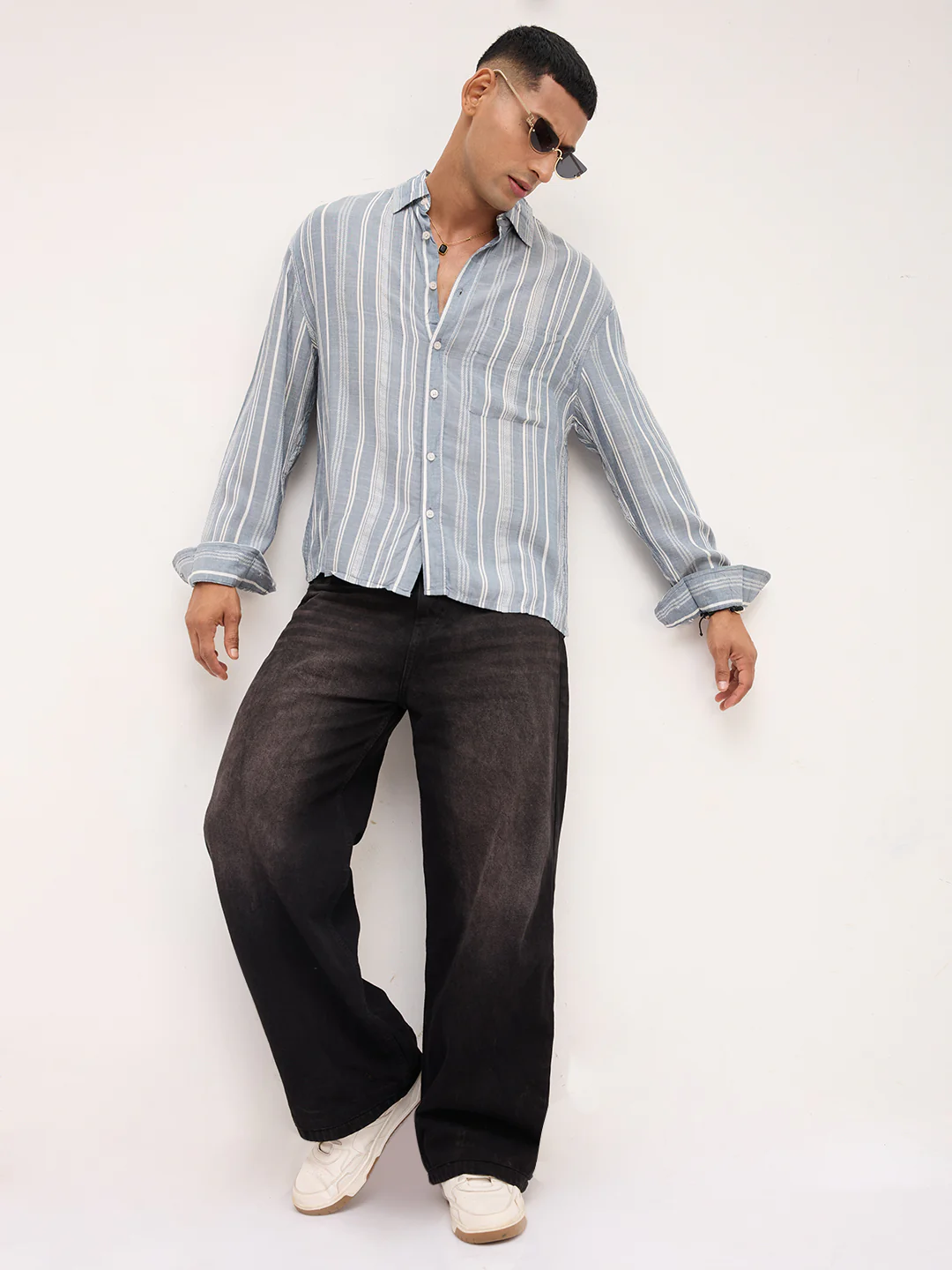 Plushy Grey Stripes Boxy Fit Crop Shirt - Image 8