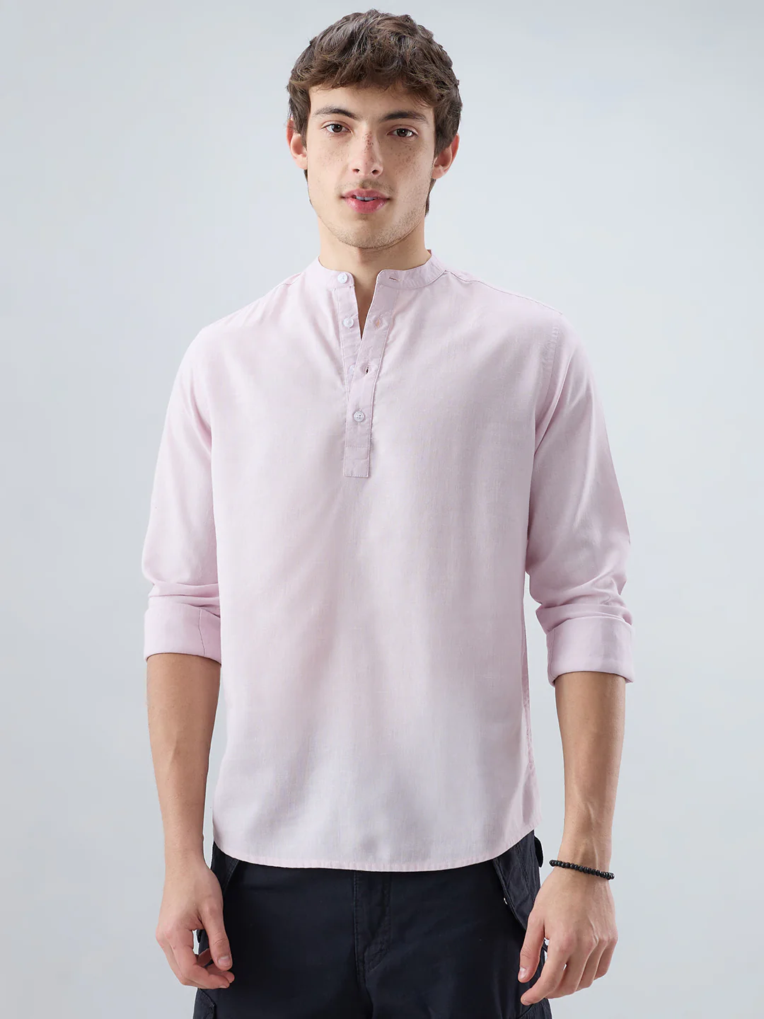 Premium Baby Pink Slub Textured Linen Blend Kurta - Image 5