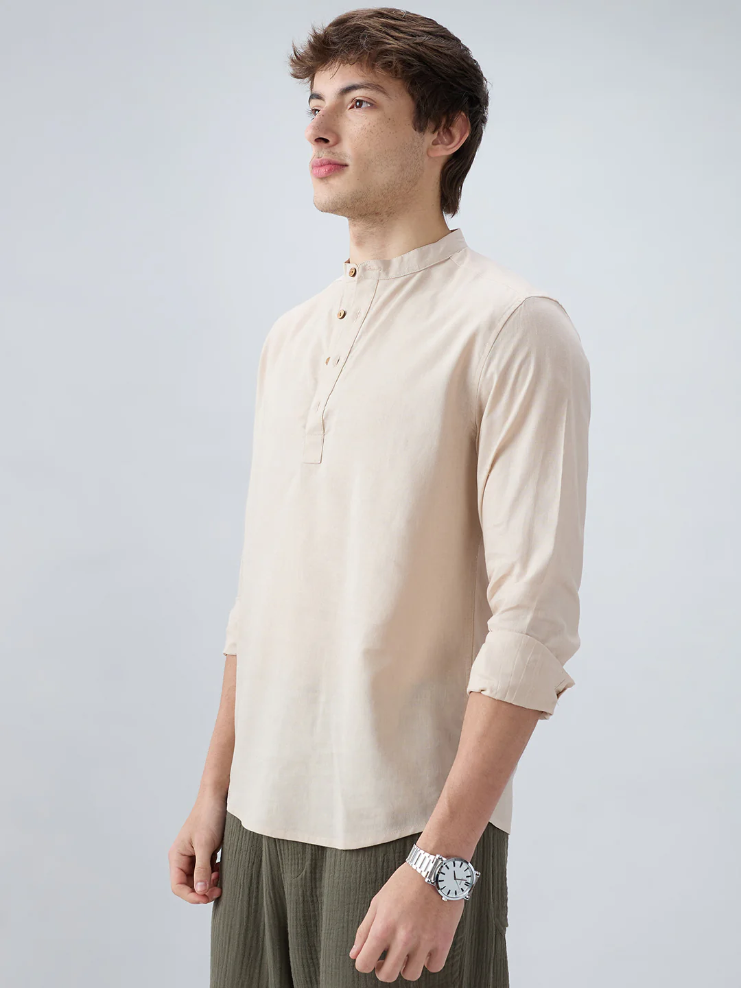 Premium Beige Slub Textured Linen Blend Kurta - Image 6