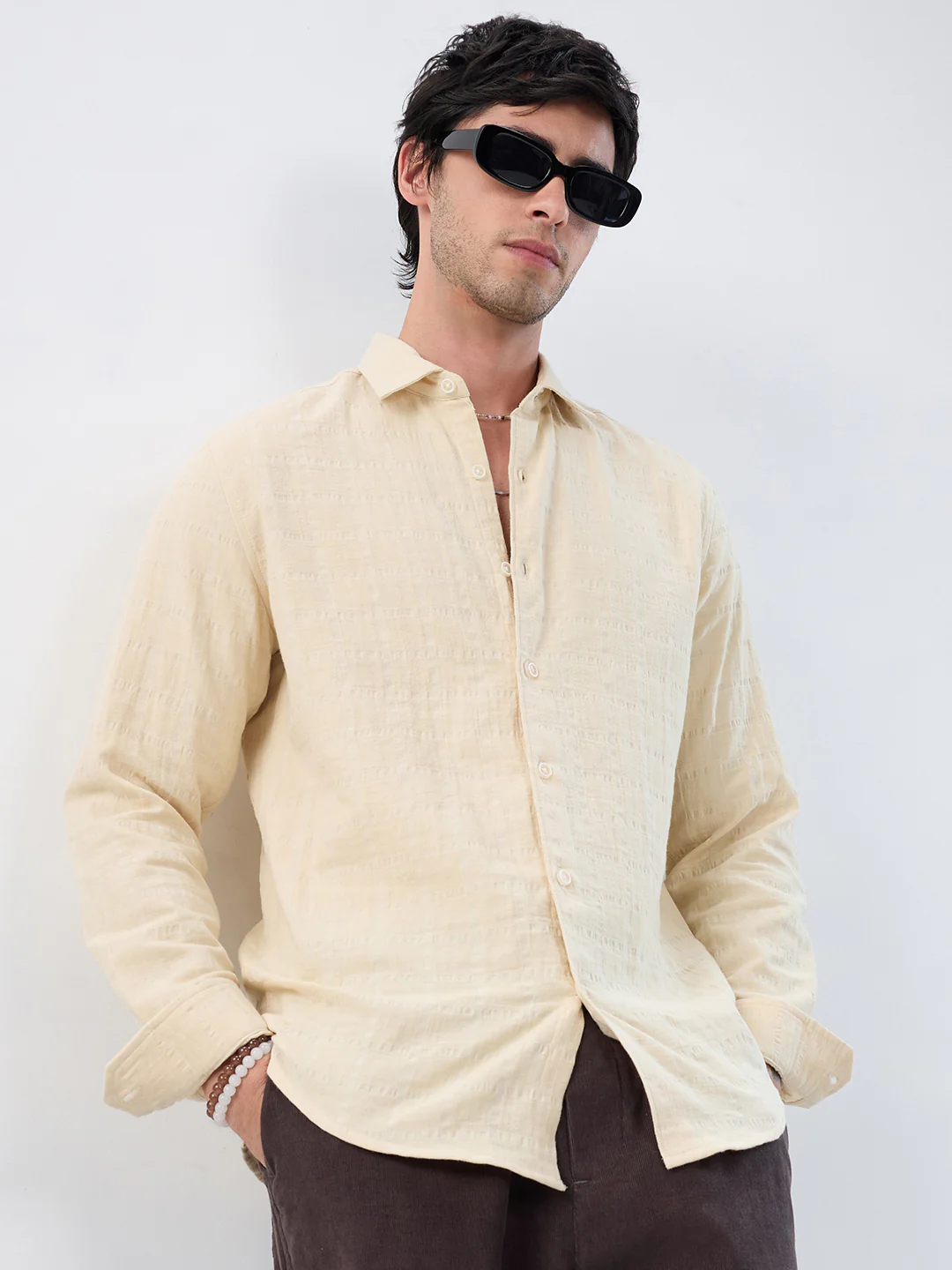 Premium Bisque Beige Seersucker Double Cloth Shirt