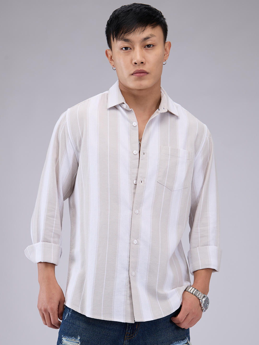 Premium Cotton Greige & White Broad Striped Shirt - Image 5