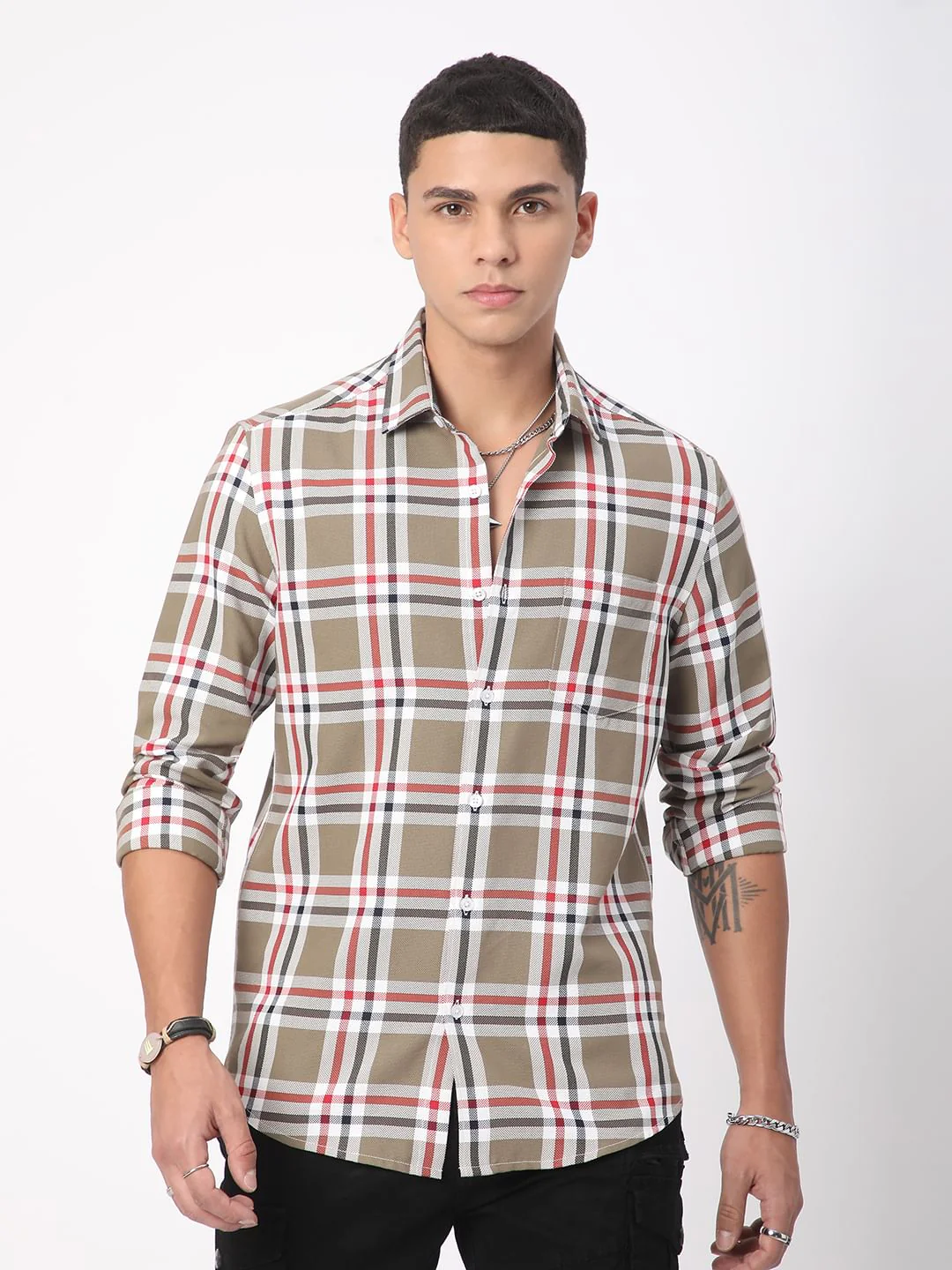 Premium Cotton Opulent Tartanique Olive Checkered Shirt - Image 4