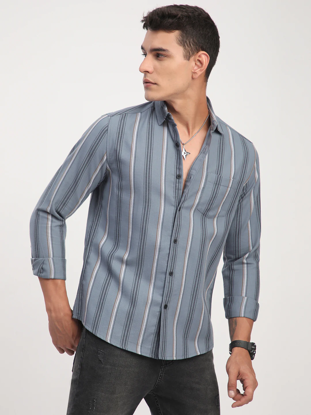 Premium Cotton Power Grey Harmony Striped Shirt - Image 4