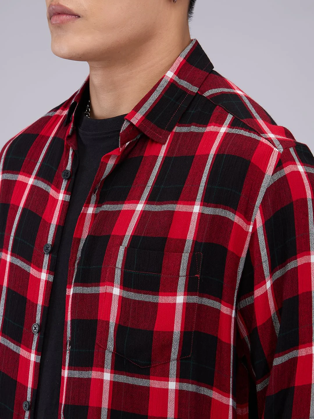 Premium Cotton Red & Black Tartanique Check Crepe Shirt - Image 3