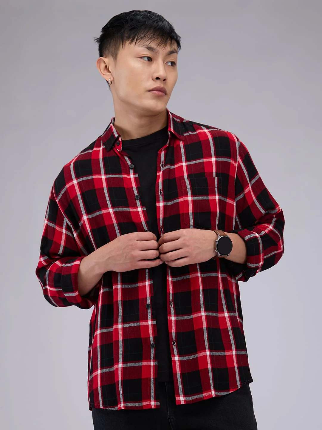 Premium Cotton Red & Black Tartanique Check Crepe Shirt - Image 4
