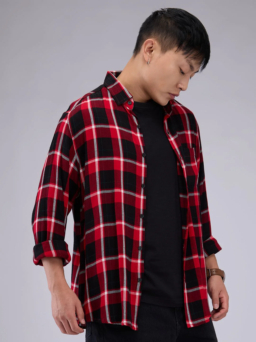 Premium Cotton Red & Black Tartanique Check Crepe Shirt - Image 5