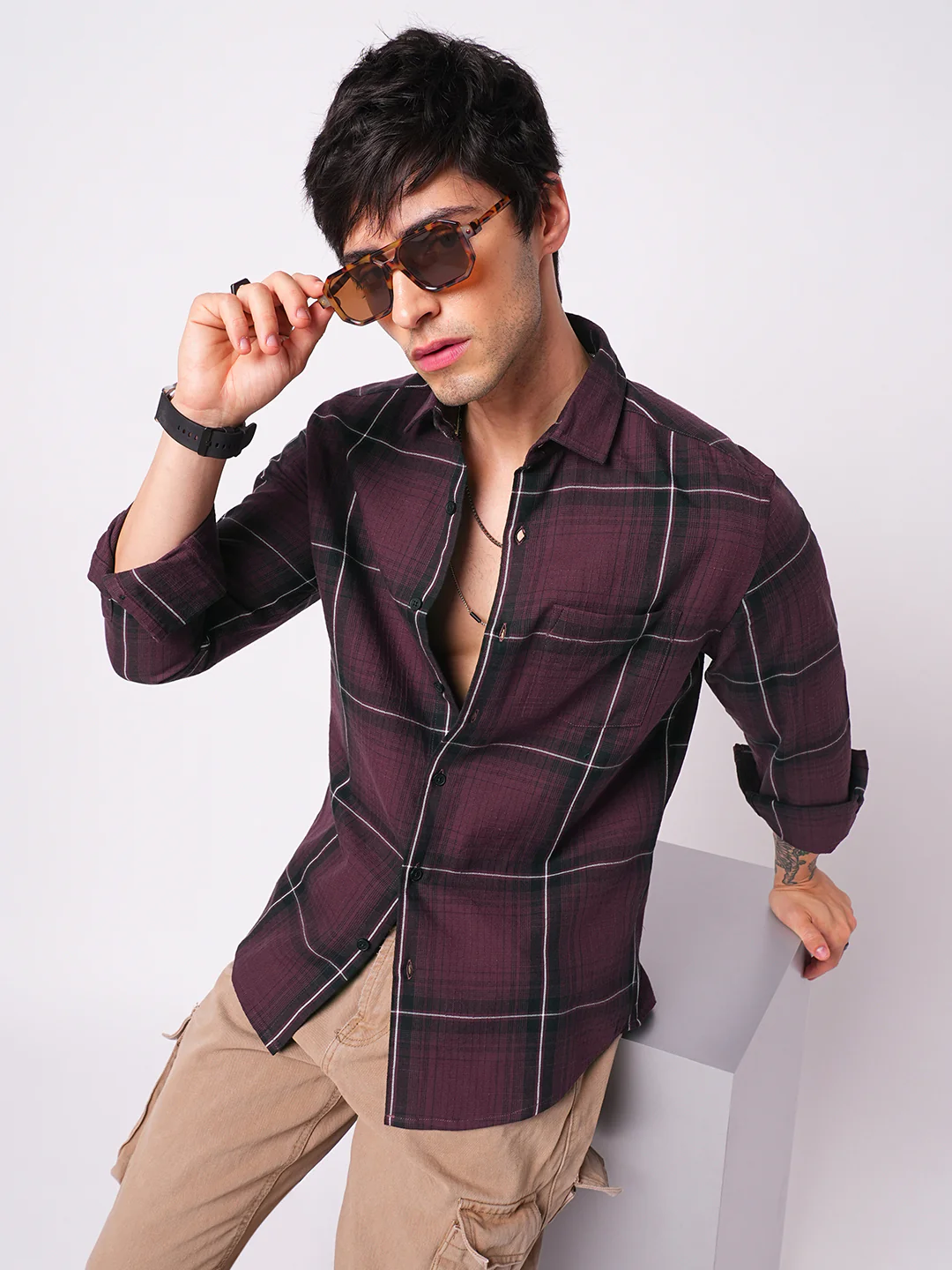 Premium Cotton Sumptuous Wine Windowpane Checks Textured Shirt