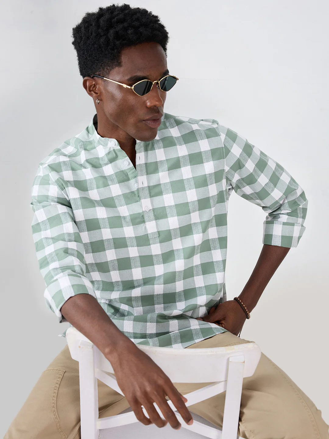 Premium Dusty Seafoam Green Textured Checks Kurta - Image 2