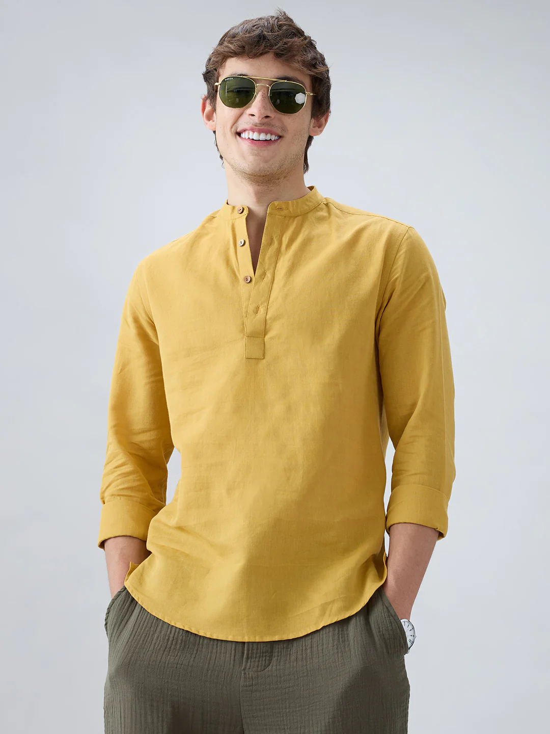 Premium Mustard Yellow Linen Blend Kurta - Image 2