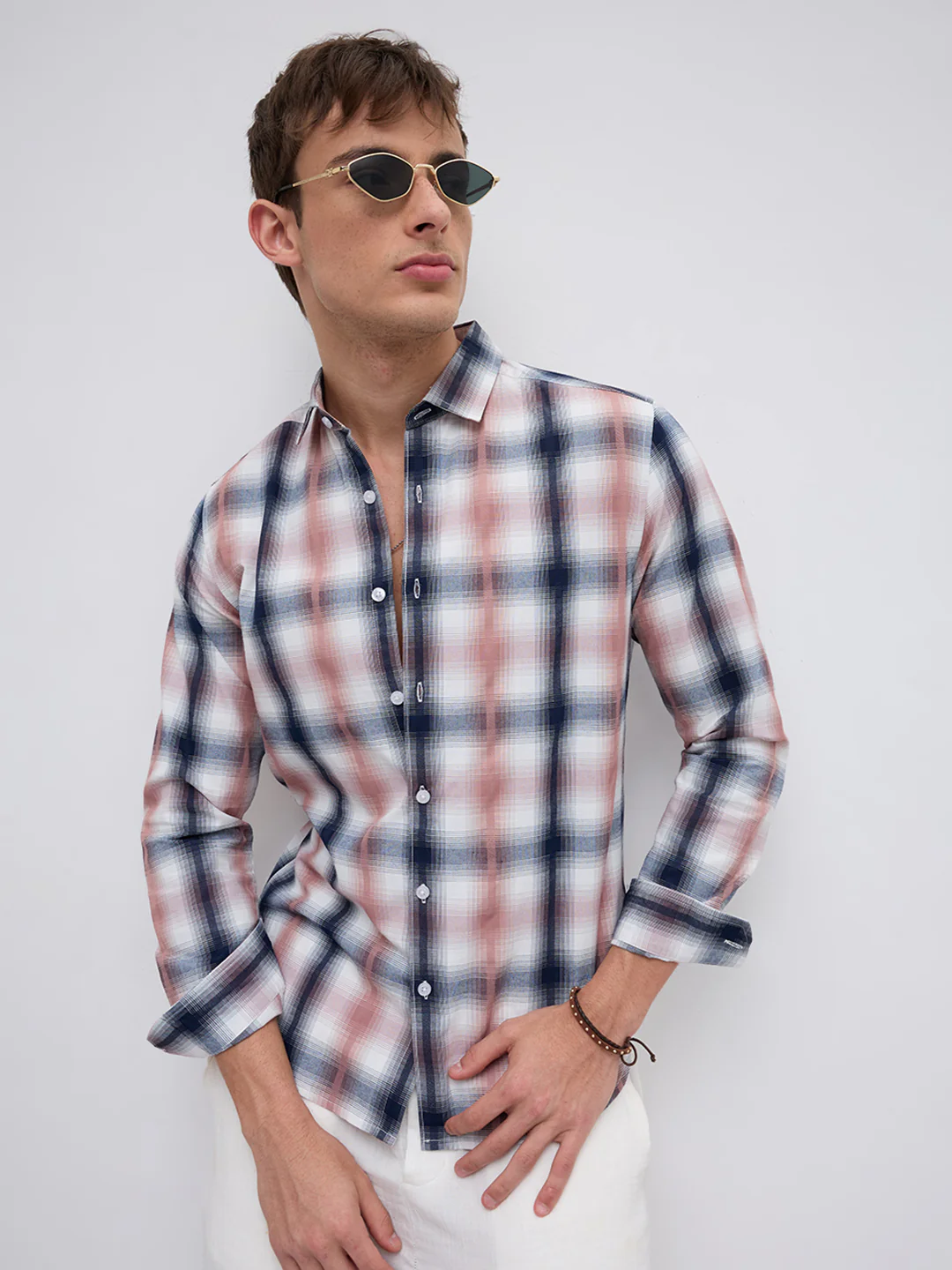 Premium Navy & Pink Textured Plaid Checks Shirt