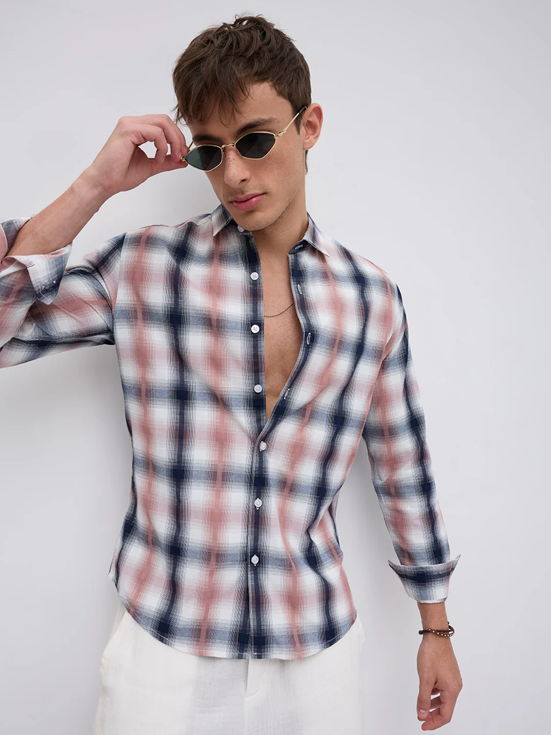 Premium Navy & Pink Textured Plaid Checks Shirt - Image 2