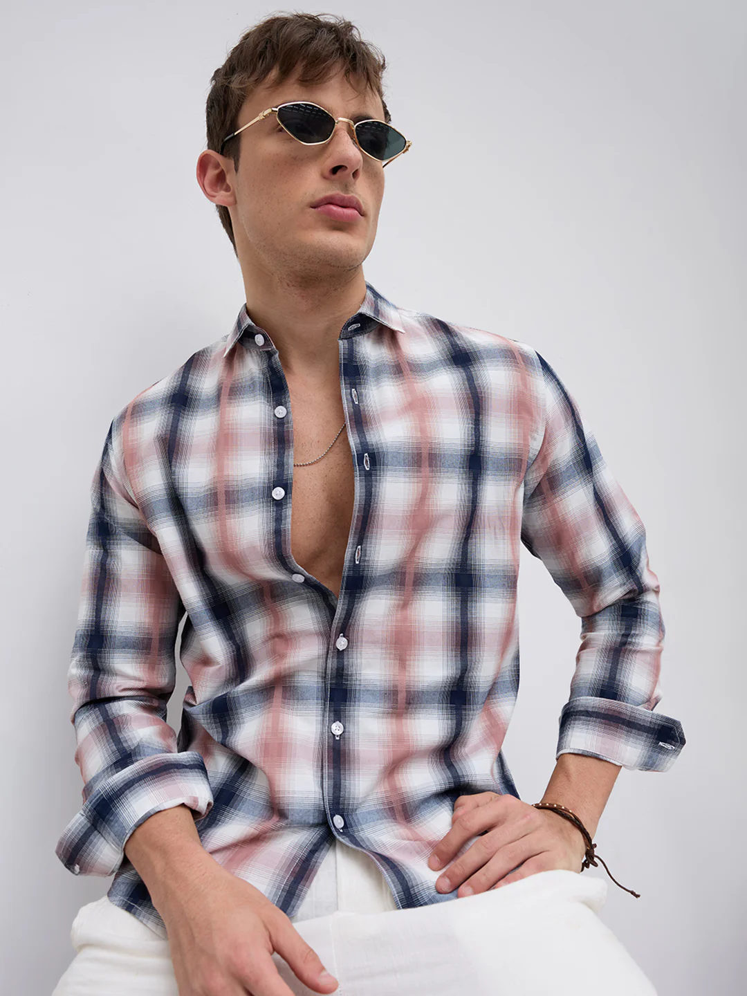 Premium Navy & Pink Textured Plaid Checks Shirt - Image 4