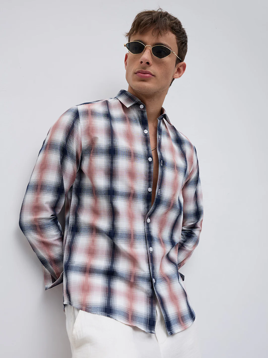 Premium Navy & Pink Textured Plaid Checks Shirt - Image 6