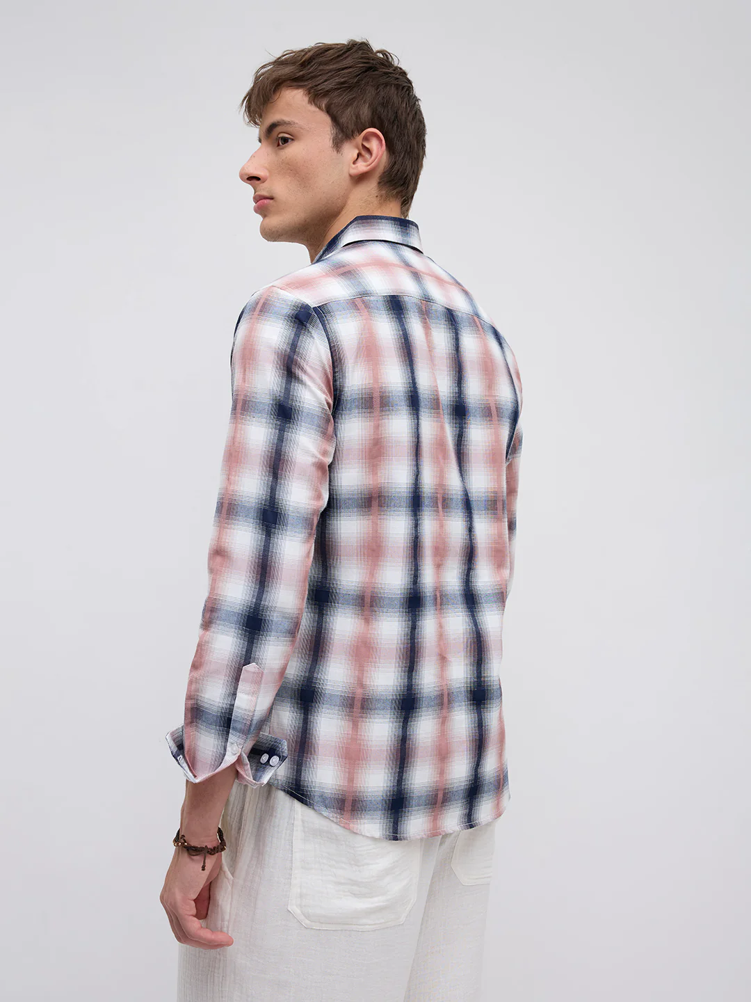 Premium Navy & Pink Textured Plaid Checks Shirt - Image 7