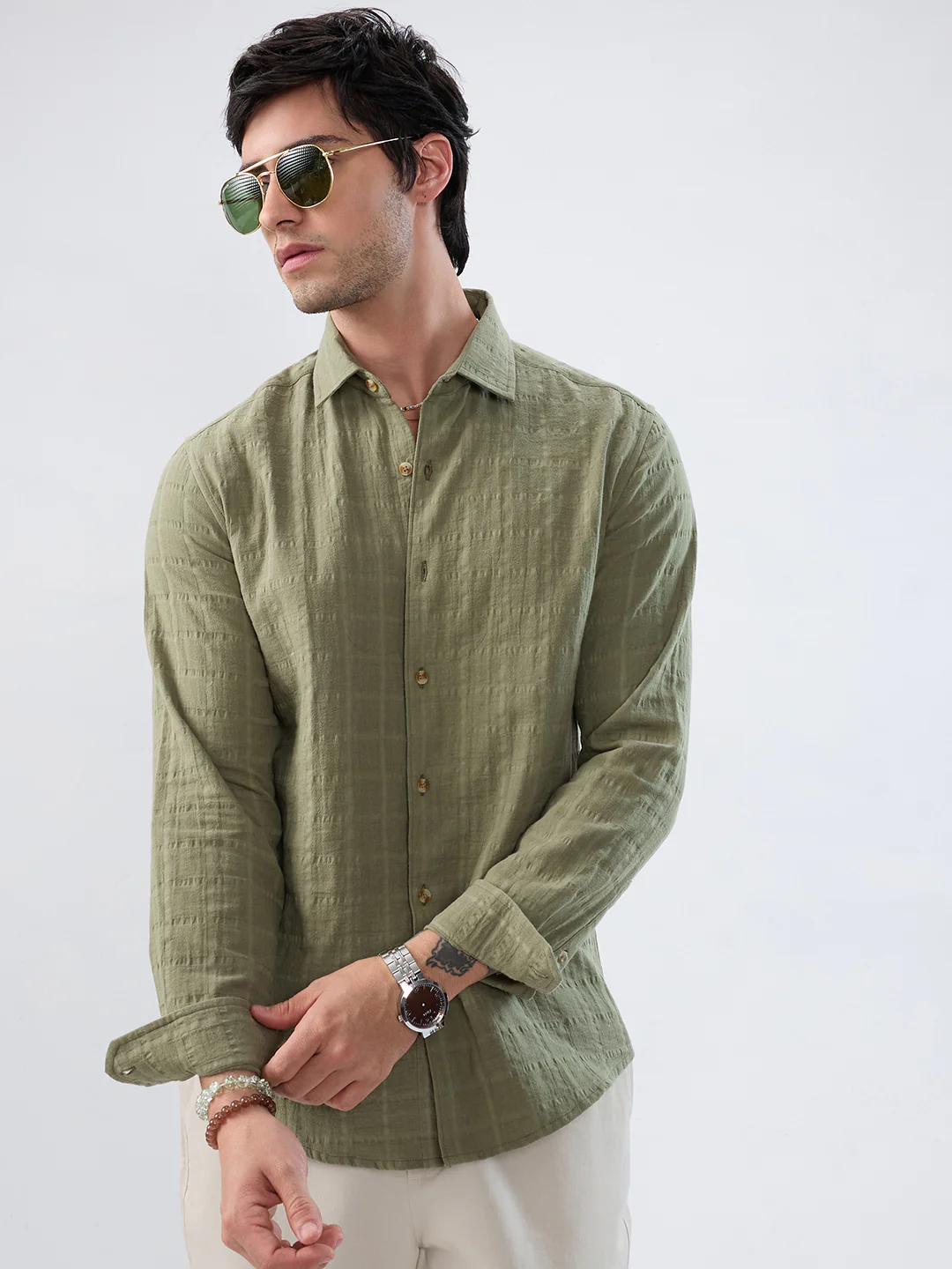Premium Olive Grid Emboss Double Cloth Textured Shirt