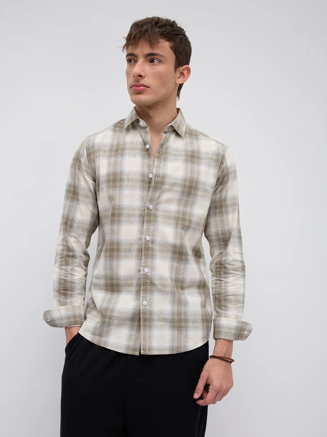 Premium Saddle Brown & White Plaid Linen Blend Checks Shirt - Image 6