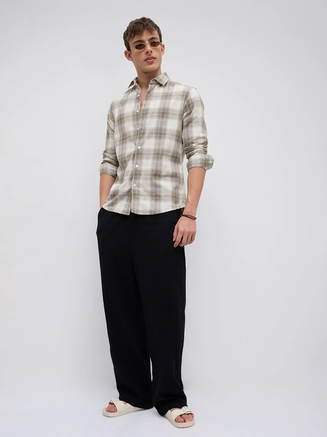 Premium Saddle Brown & White Plaid Linen Blend Checks Shirt - Image 8