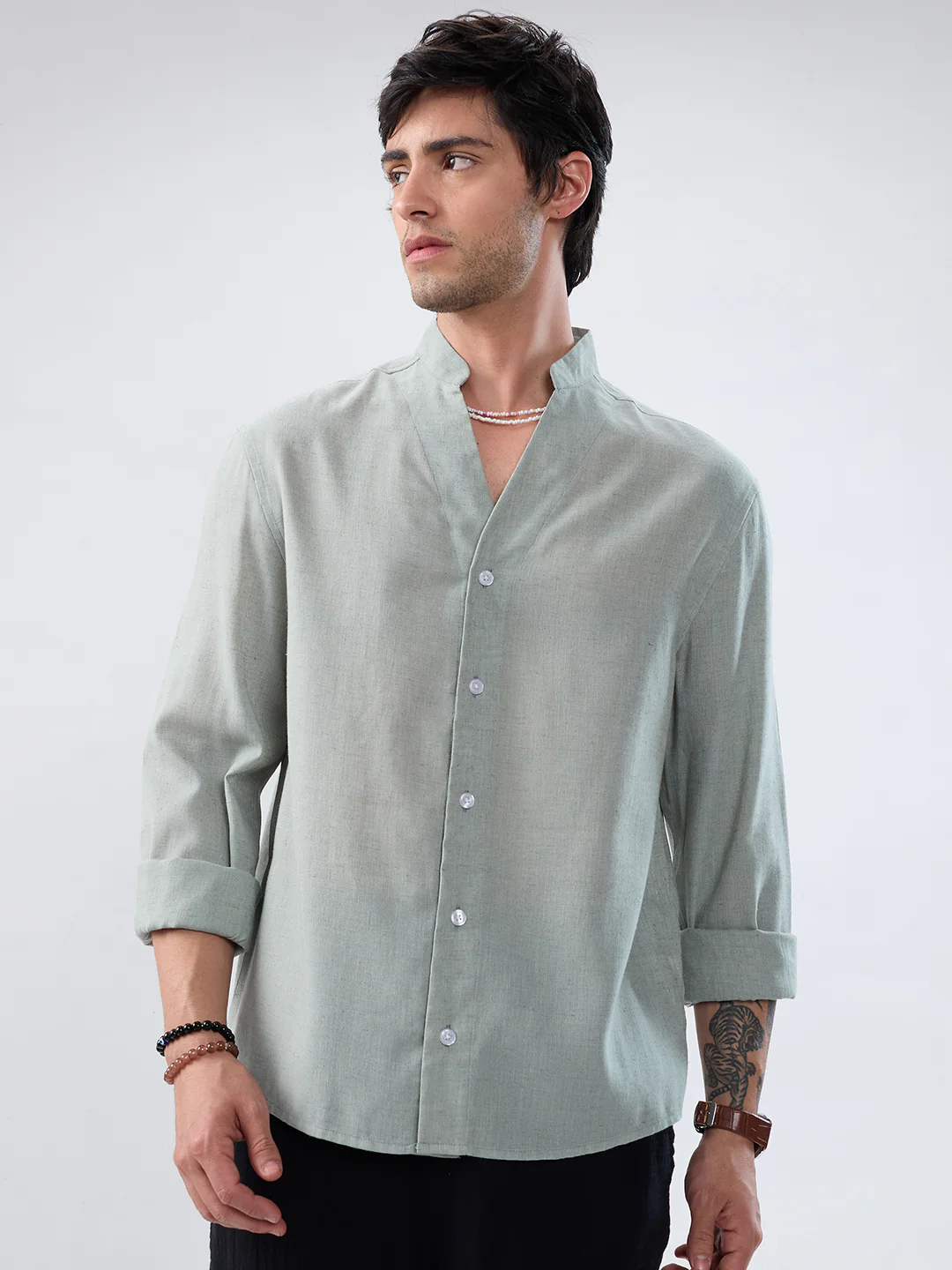 Premium Seafoam Green Linen Blend Stand-Collar Oversized Shirt - Image 5