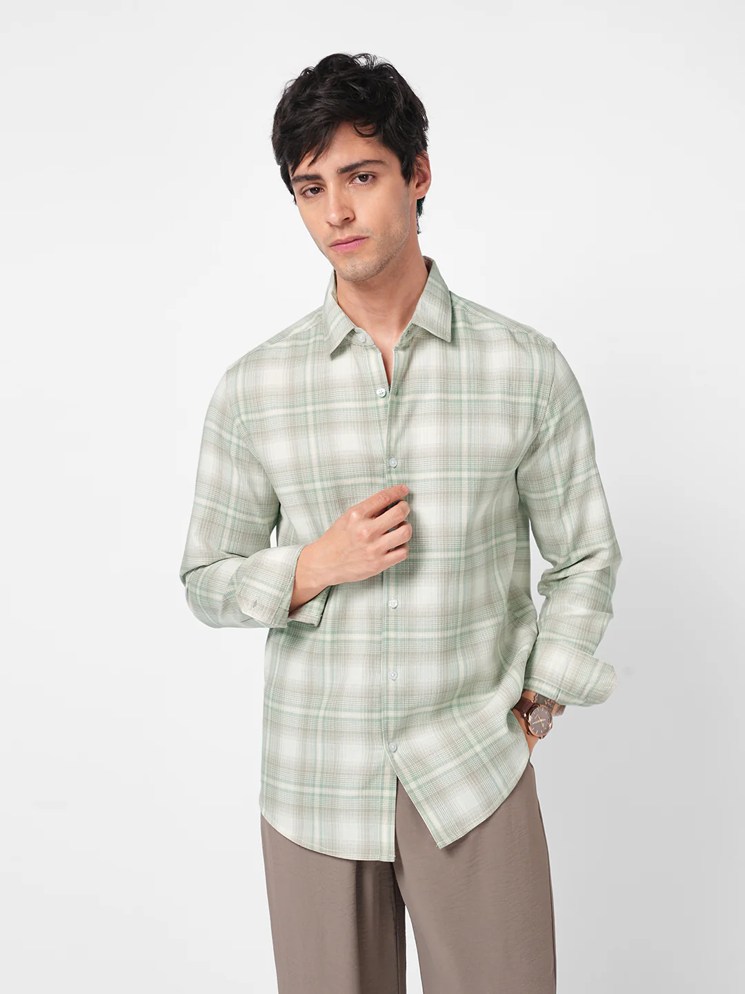 Premium Soft Sage Fine Checks Shirt - Image 5