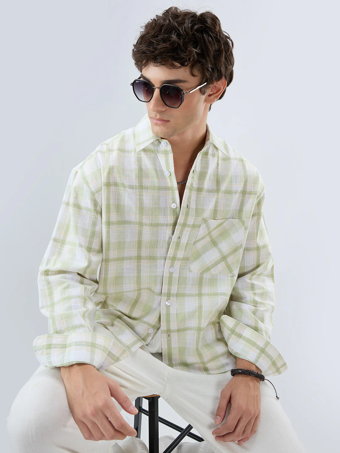 Premium Spring Green Fine Weave Linen Blend Boxy Fit Crop Shirt