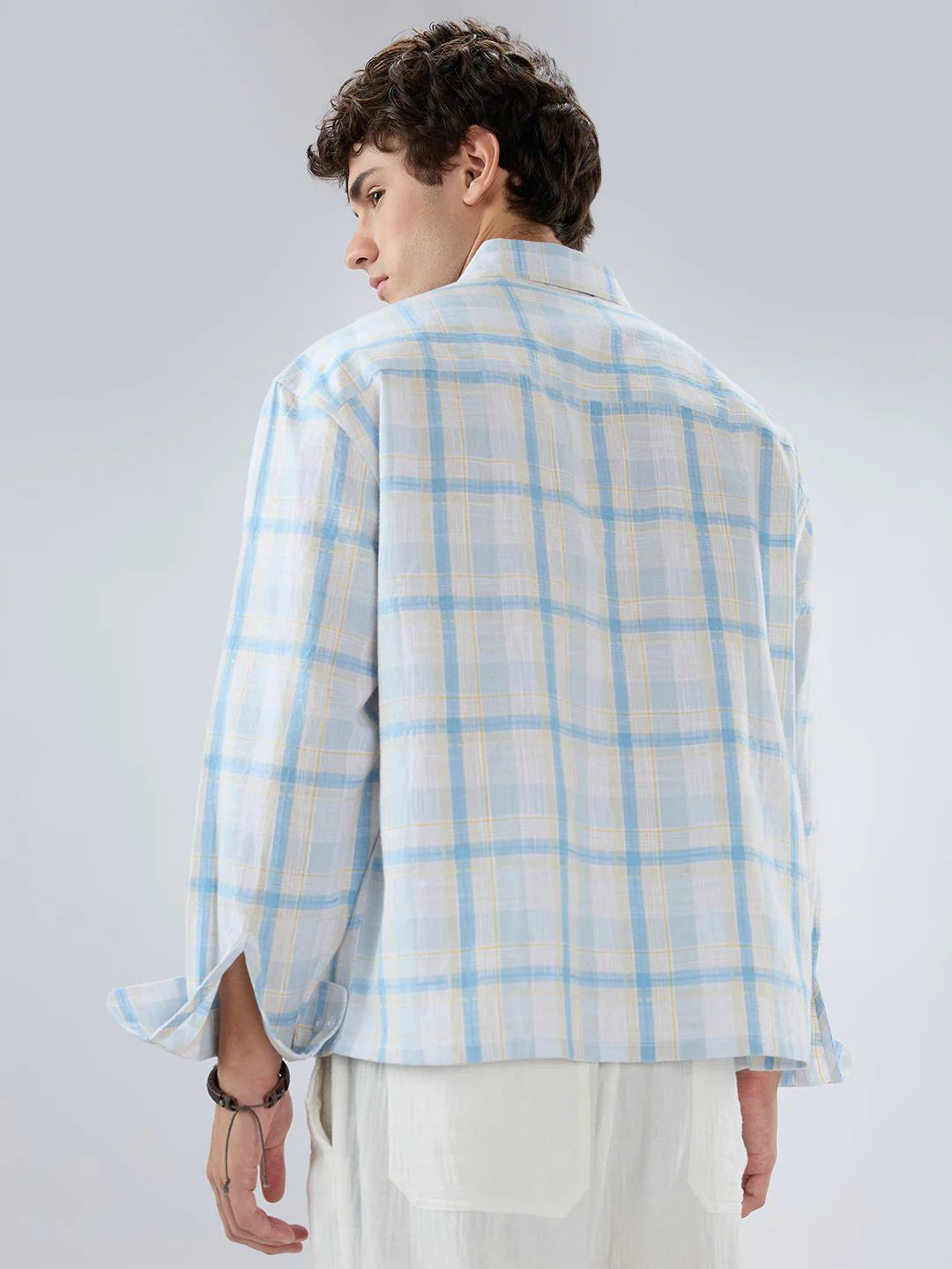 Premium Summer Sky Fine Weave Linen Blend Boxy Fit Crop Shirt - Image 7