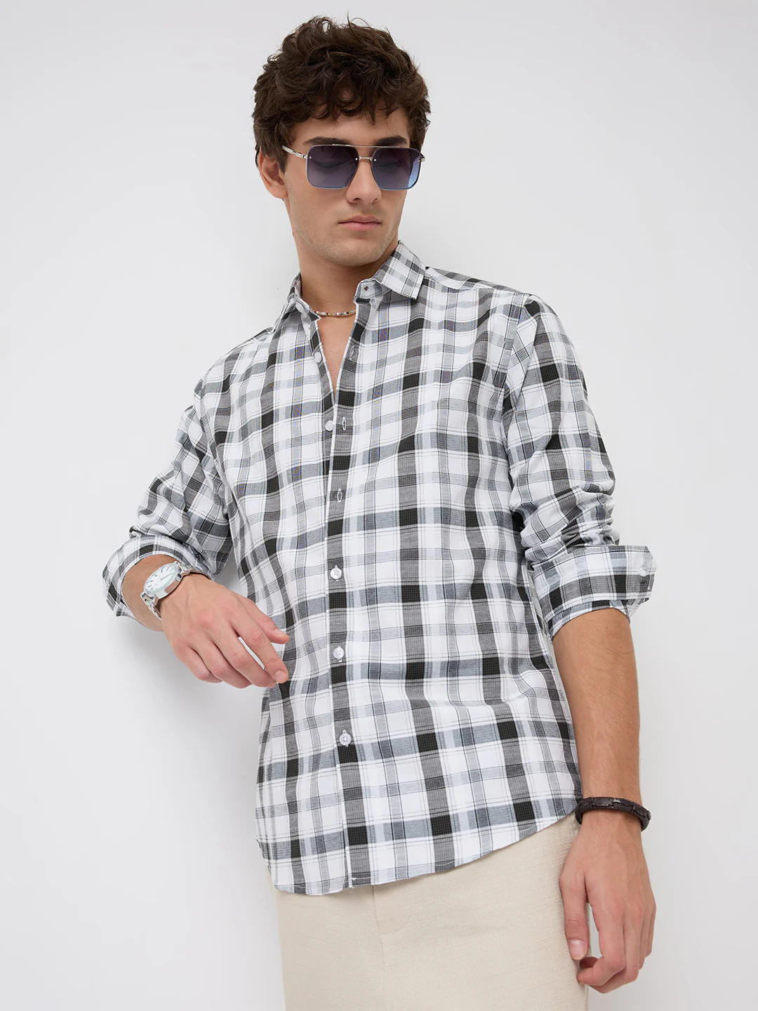 Premium White & Grey Plaid Checks Textured Shirt
