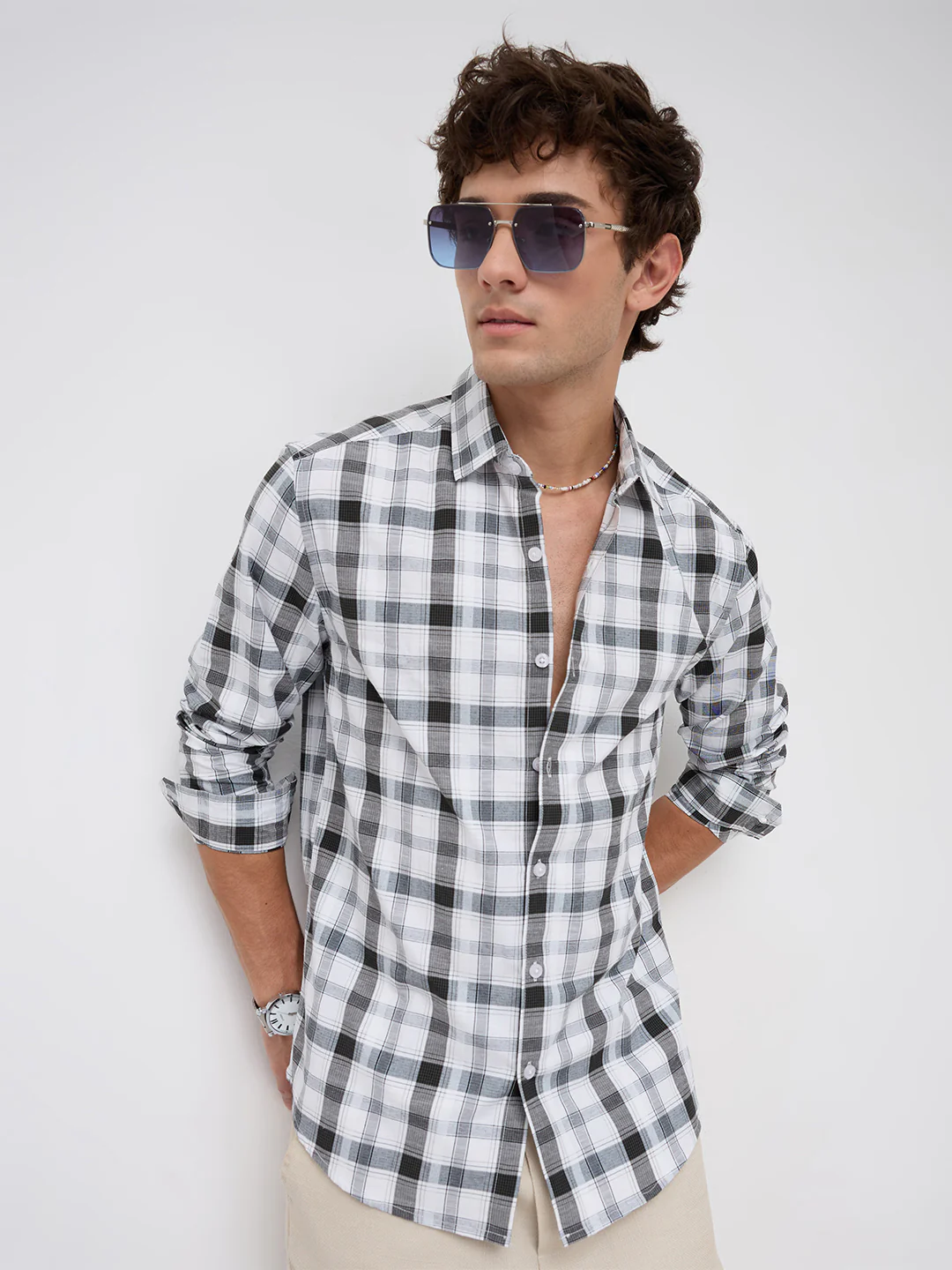 Premium White & Grey Plaid Checks Textured Shirt - Image 2