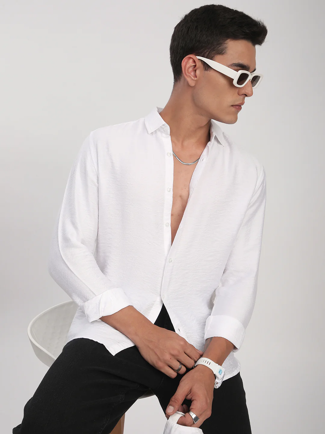 Pristine White Rhythmic Wave Jacquard Shirt