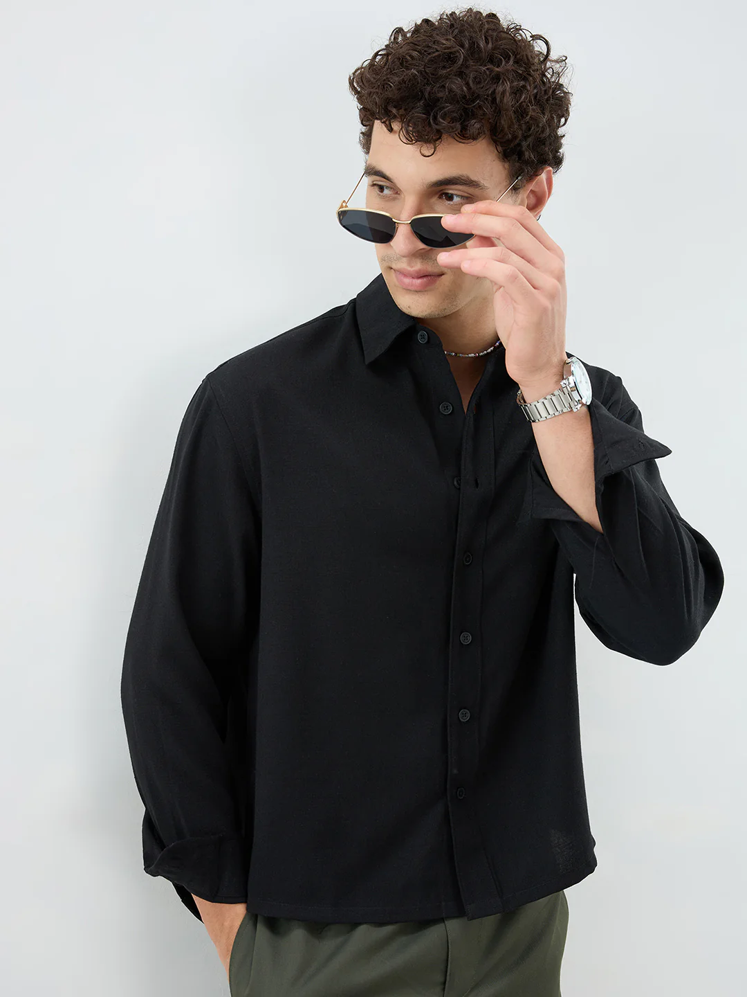 Pure Black Smooth Weave Boxy Fit Crop Shirt - Image 2