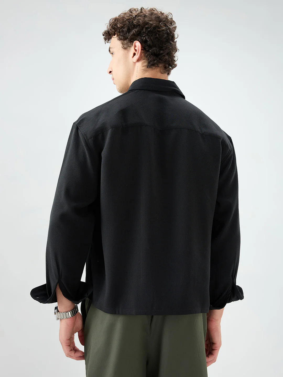 Pure Black Smooth Weave Boxy Fit Crop Shirt - Image 6