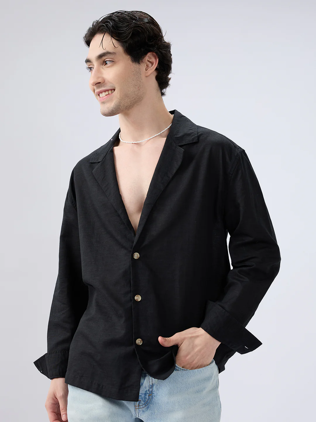 Refined Black Luxe Linen Lapel Collar Oversized Shirt
