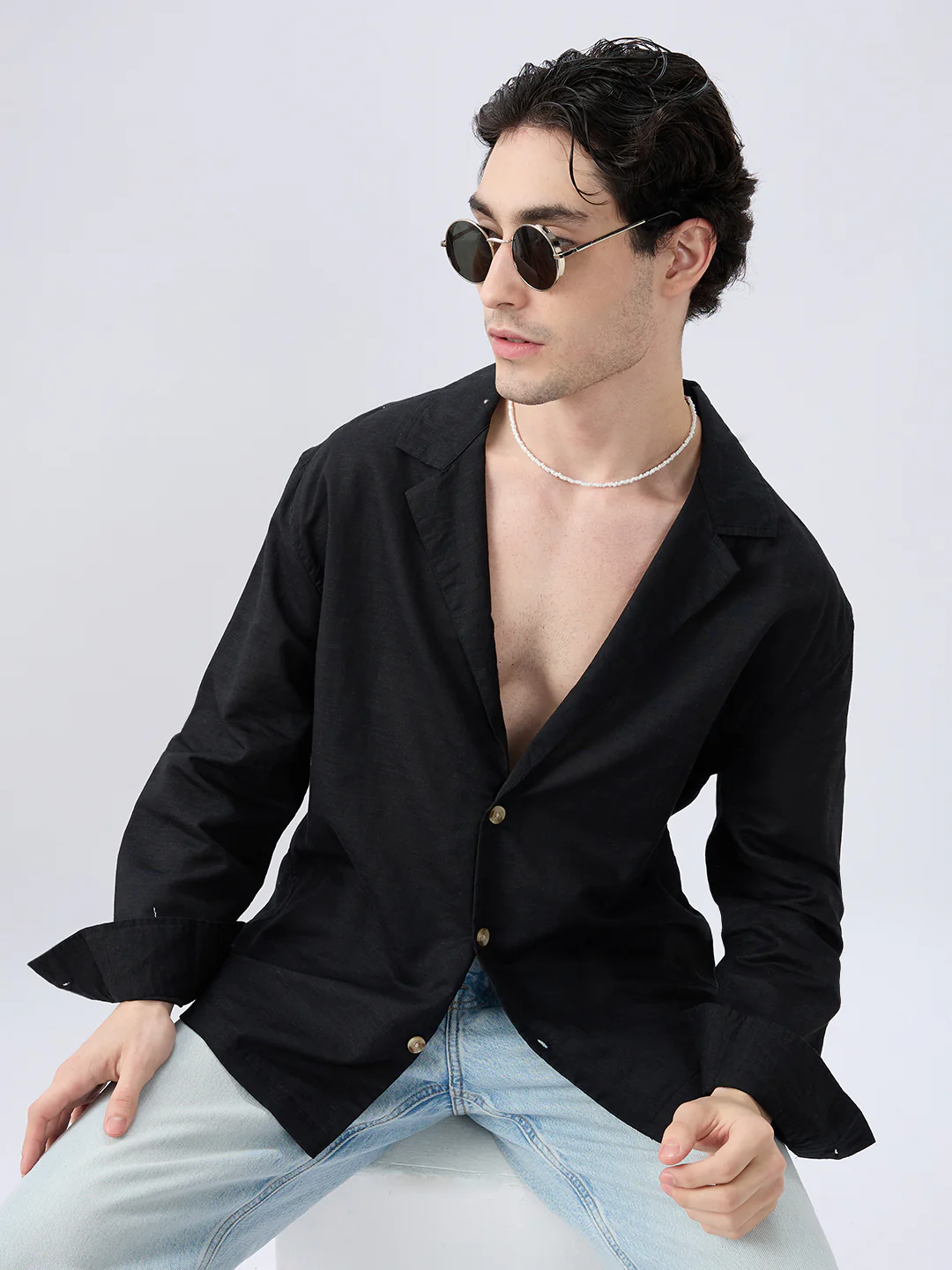 Refined Black Luxe Linen Lapel Collar Oversized Shirt - Image 2