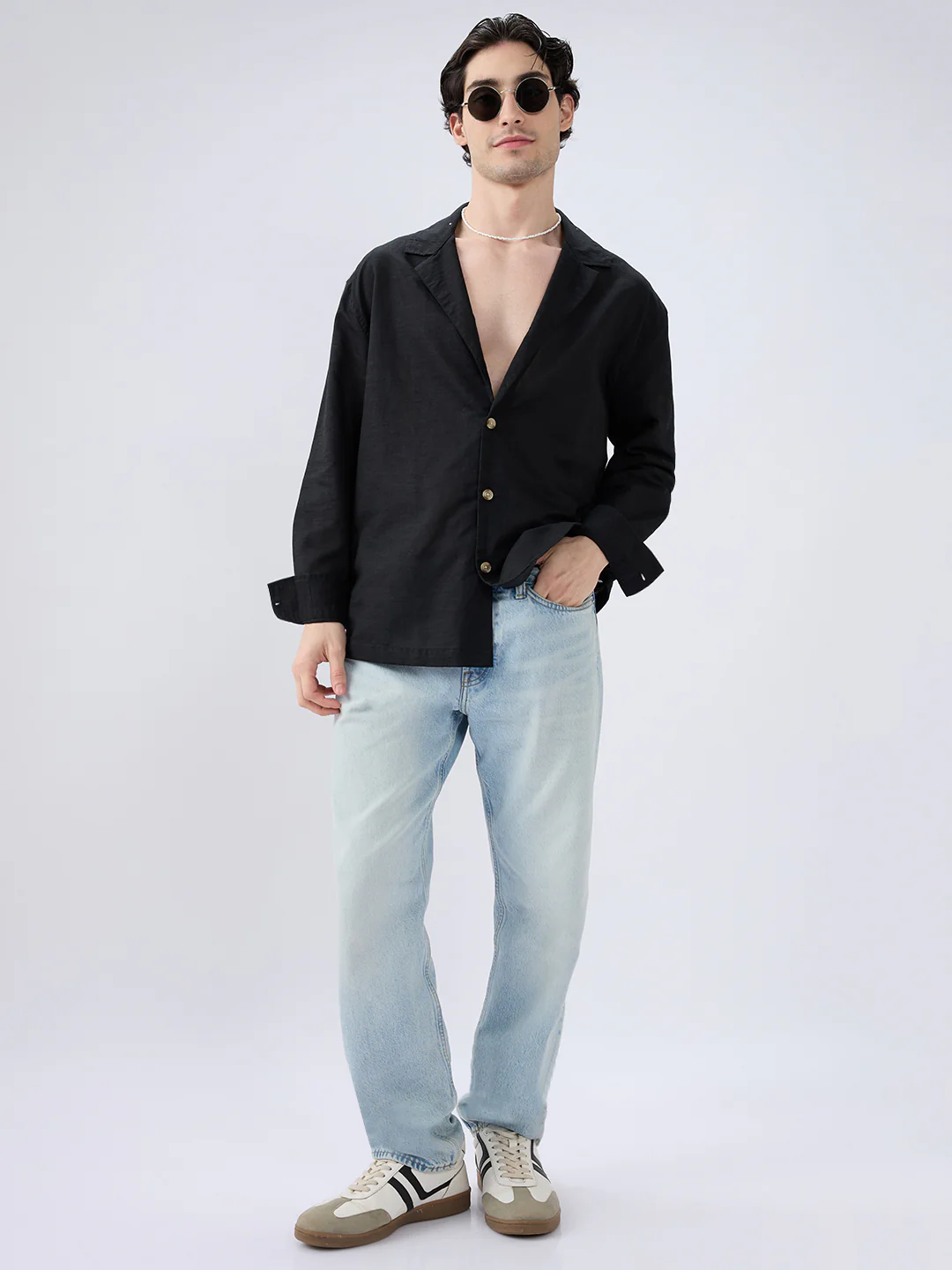 Refined Black Luxe Linen Lapel Collar Oversized Shirt - Image 4