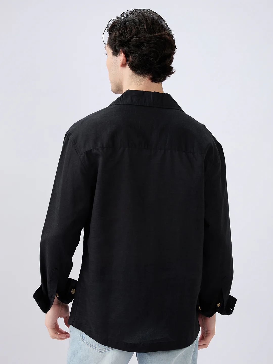 Refined Black Luxe Linen Lapel Collar Oversized Shirt - Image 6
