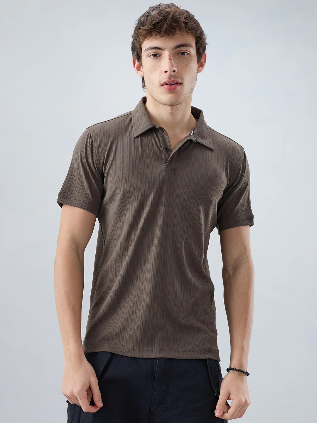 Refined Espresso Brown Hairline Striped Polo Knit T-Shirt - Image 5