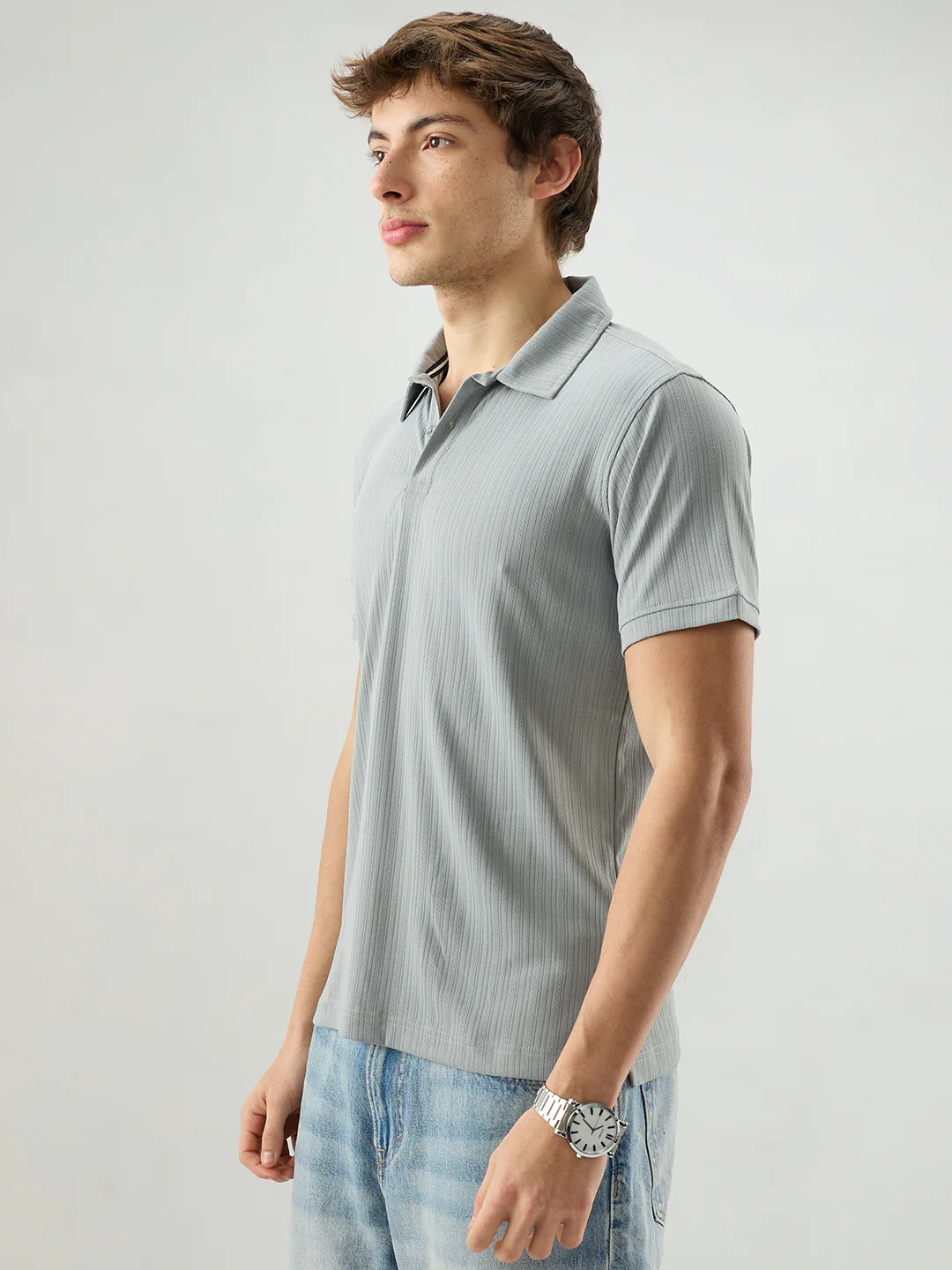 Refined Grey Hairline Striped Polo Knit T-Shirt - Image 6
