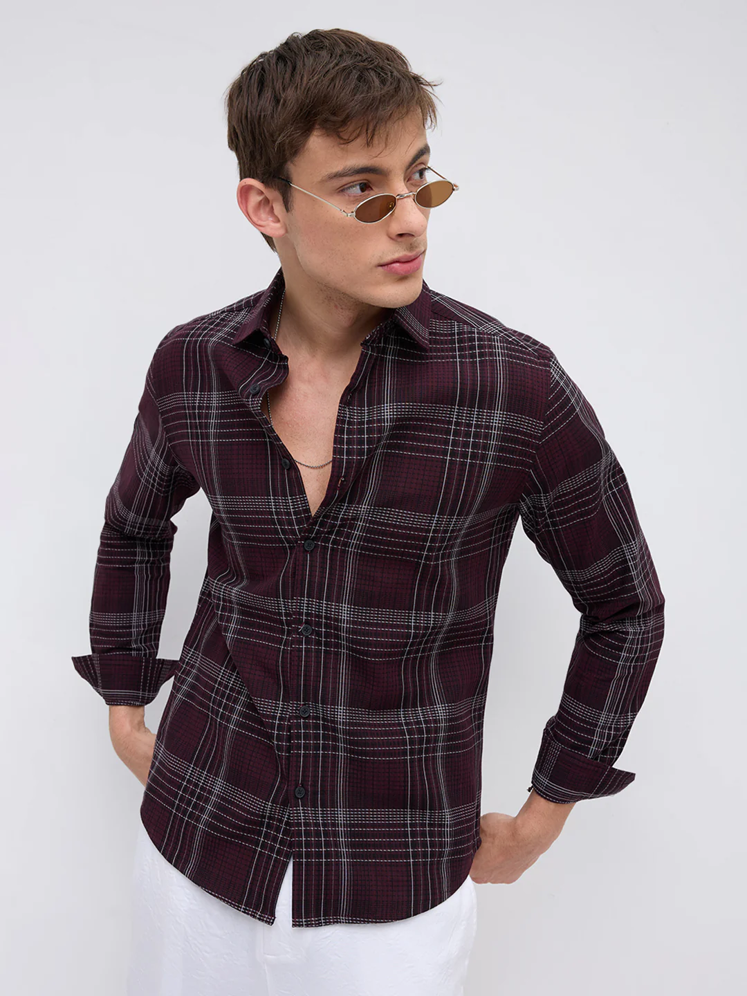 Refined Maroon & White Contrast Checks Shirt - Image 2