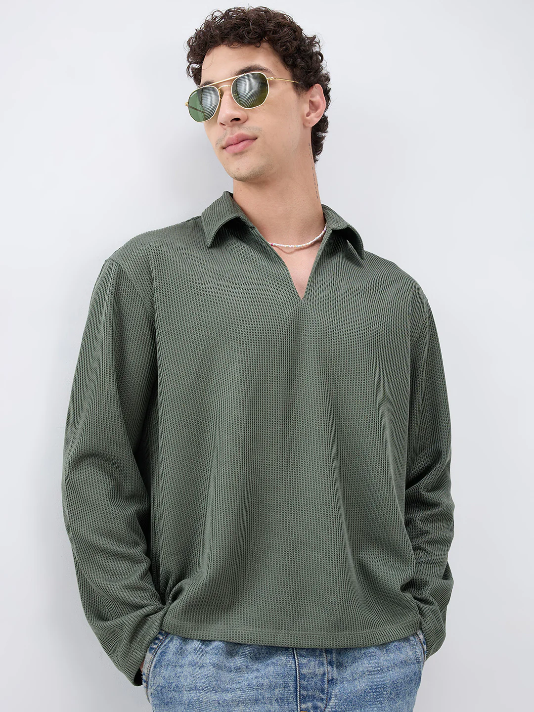 Refined Olive Textured Knitted Oversized Polo Shirt