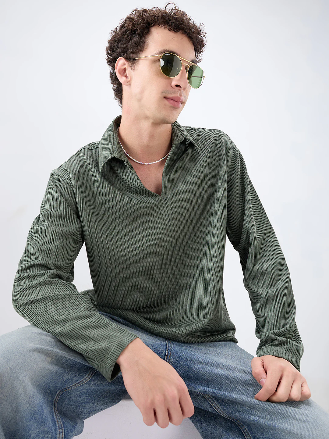 Refined Olive Textured Knitted Oversized Polo Shirt - Image 2