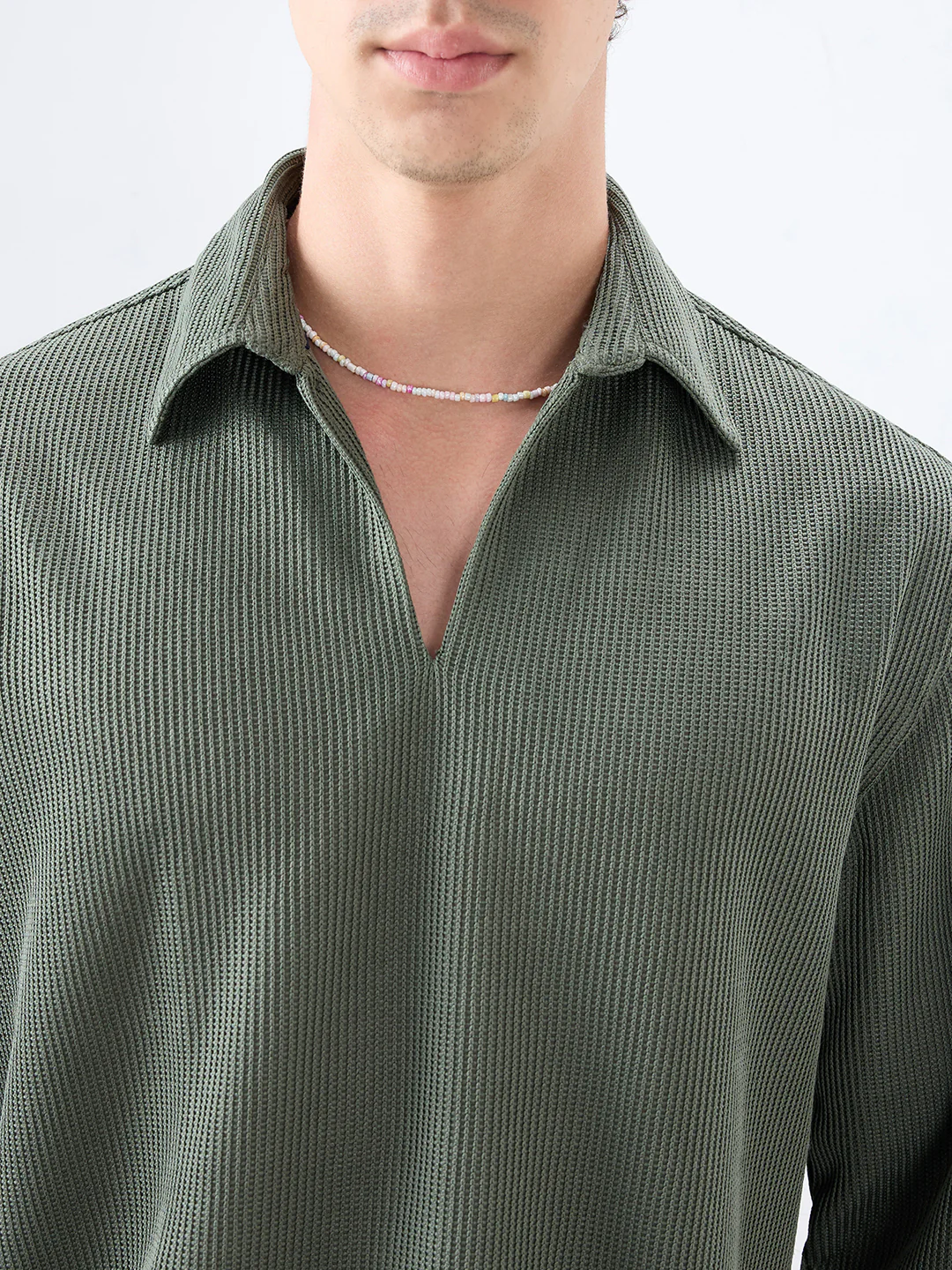 Refined Olive Textured Knitted Oversized Polo Shirt - Image 3