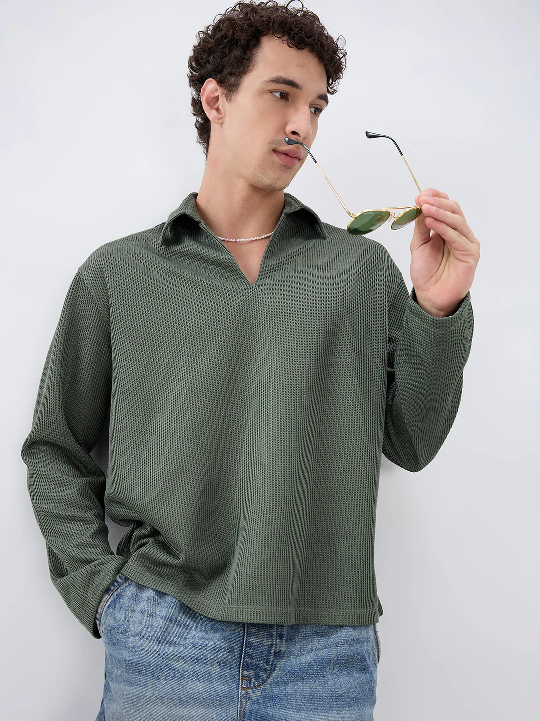 Refined Olive Textured Knitted Oversized Polo Shirt - Image 4