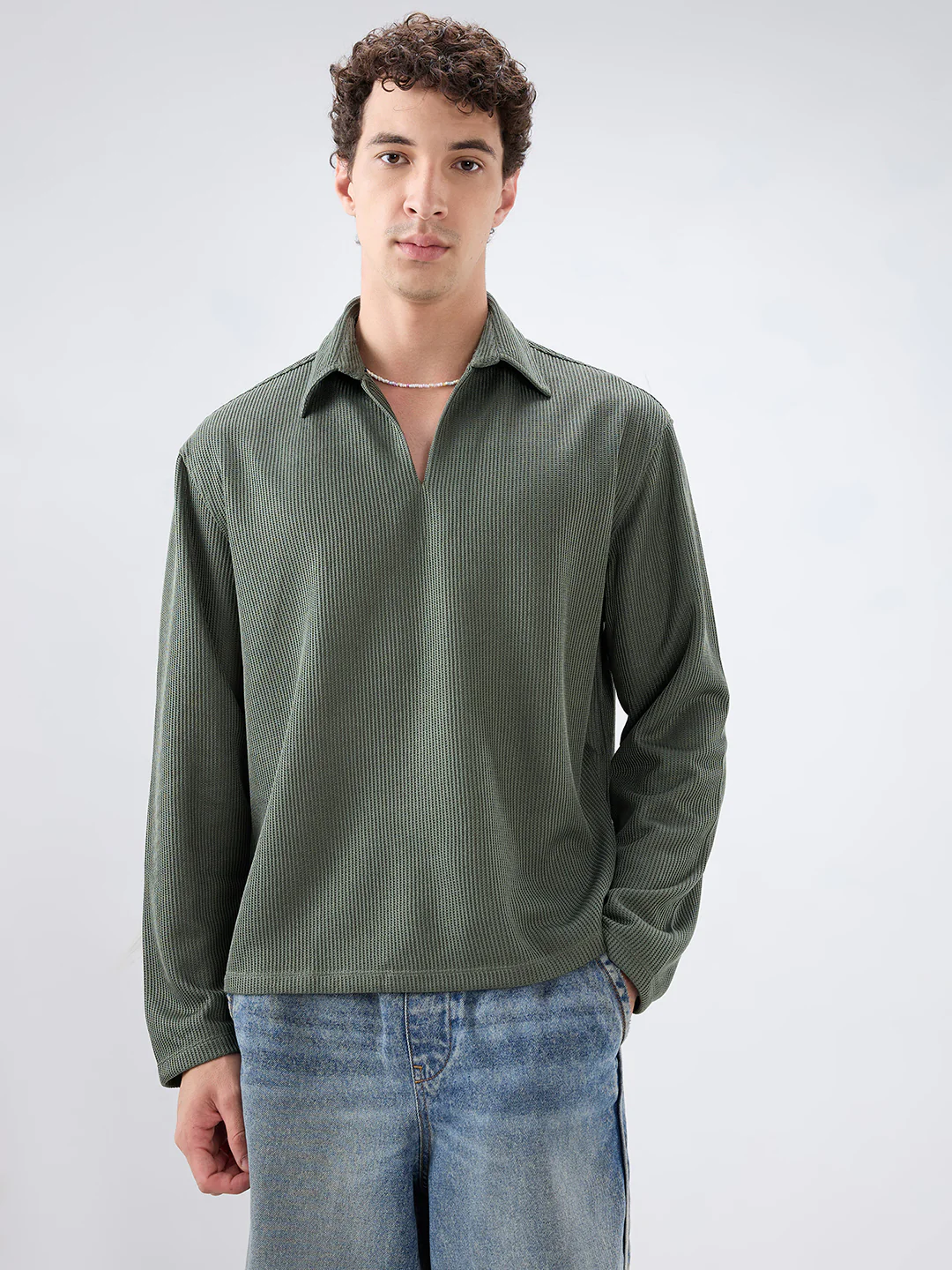 Refined Olive Textured Knitted Oversized Polo Shirt - Image 5
