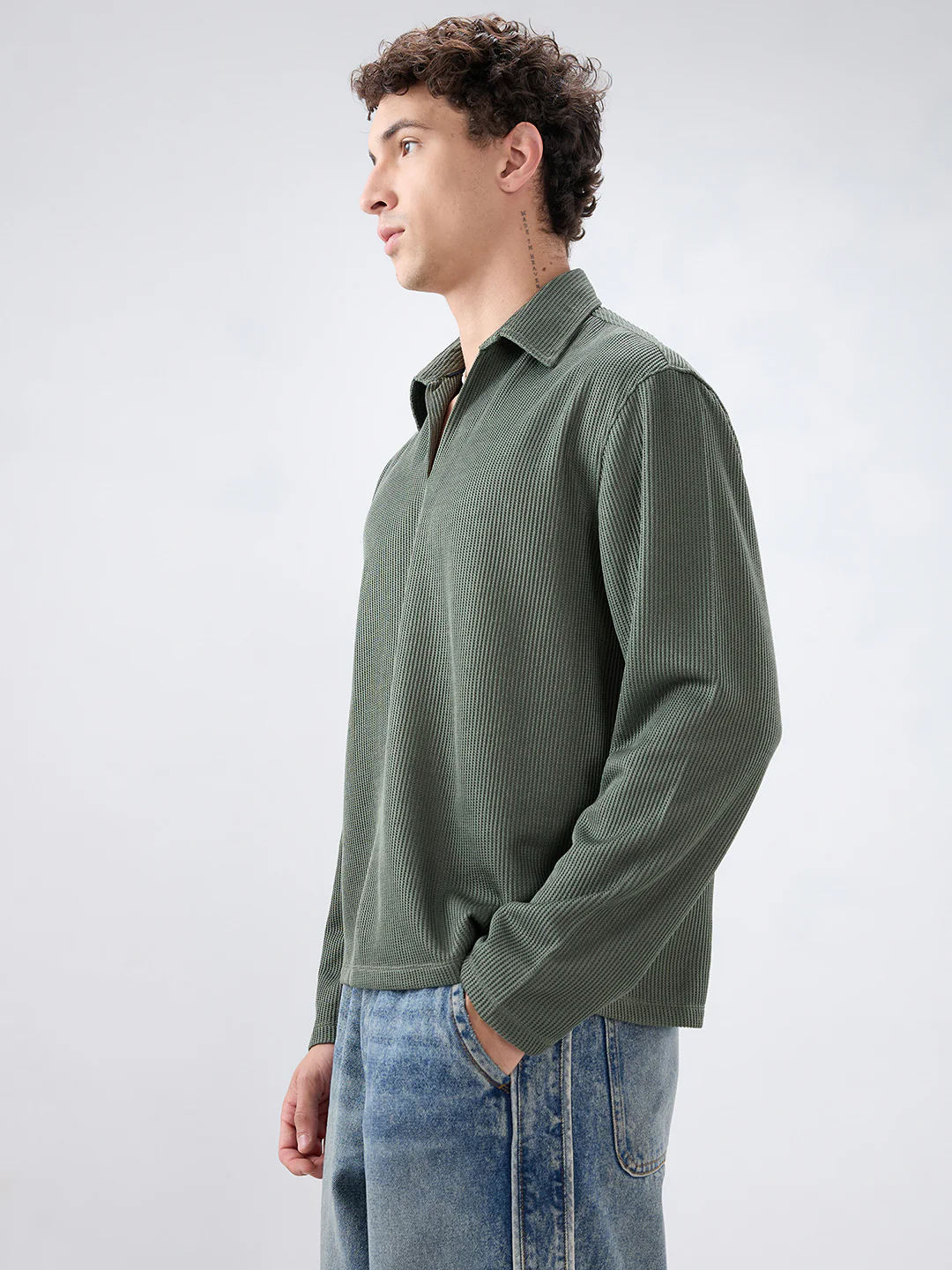 Refined Olive Textured Knitted Oversized Polo Shirt - Image 6