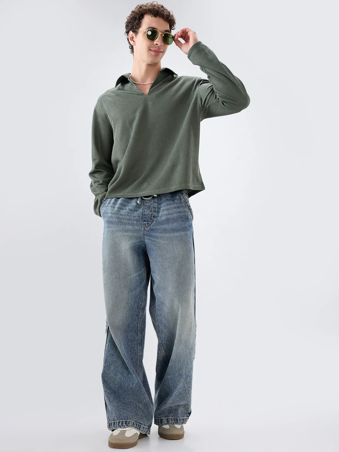 Refined Olive Textured Knitted Oversized Polo Shirt - Image 8