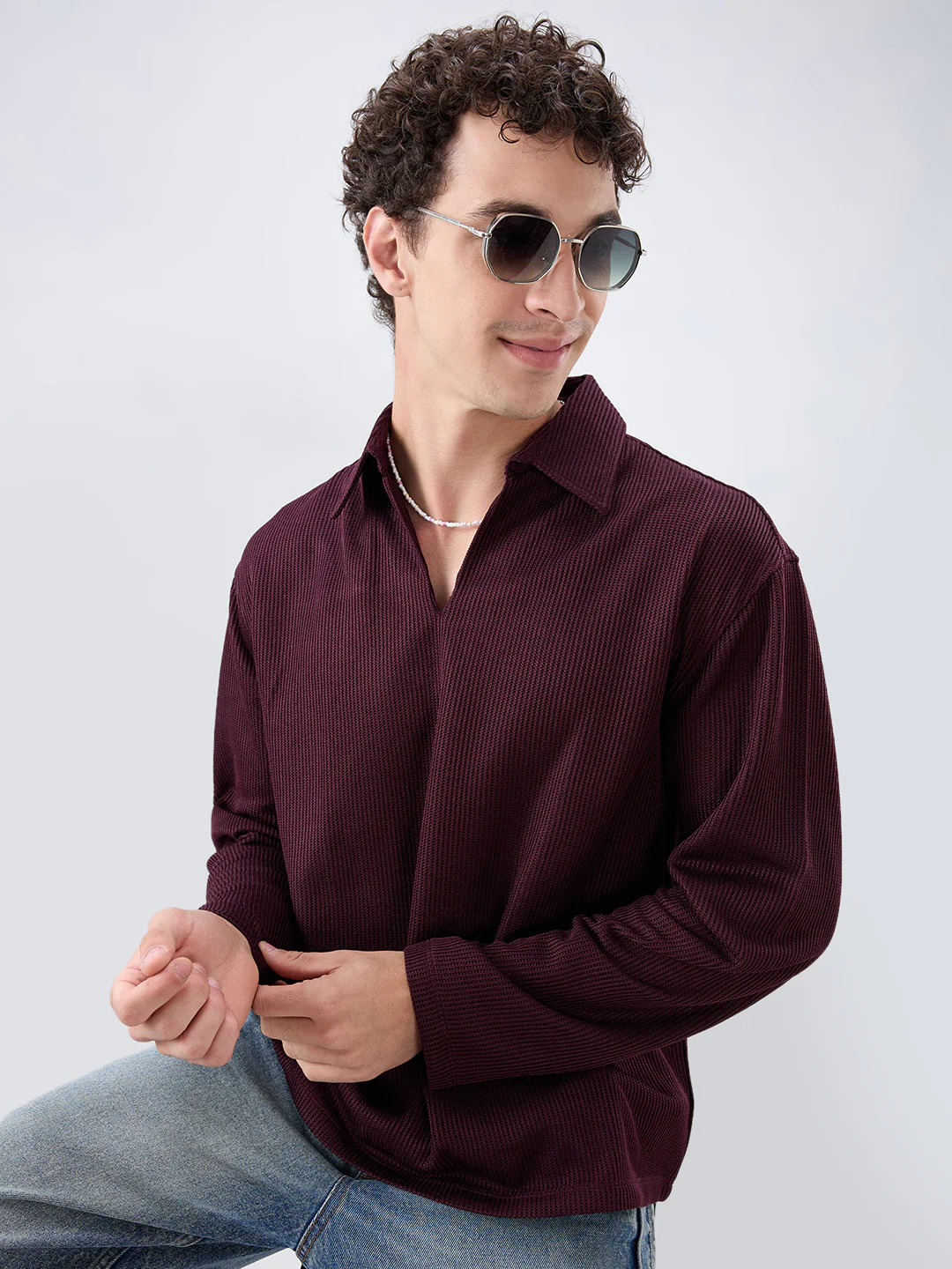 Refined Wine Textured Knitted Oversized Polo Shirt