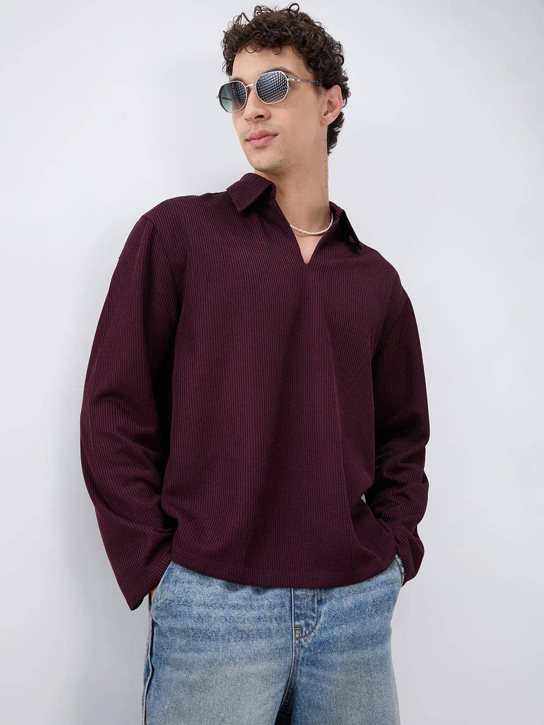 Refined Wine Textured Knitted Oversized Polo Shirt - Image 2