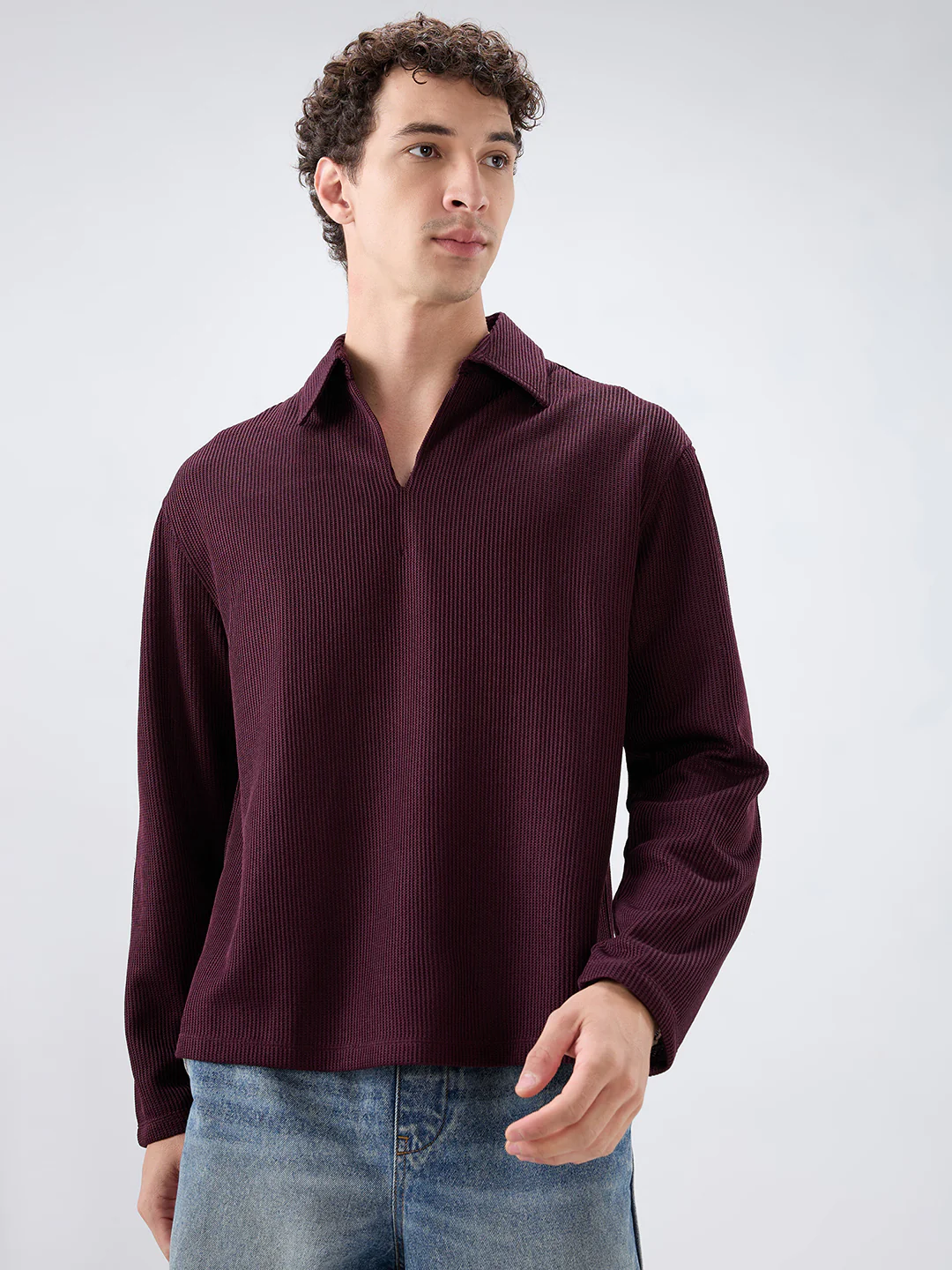 Refined Wine Textured Knitted Oversized Polo Shirt - Image 5