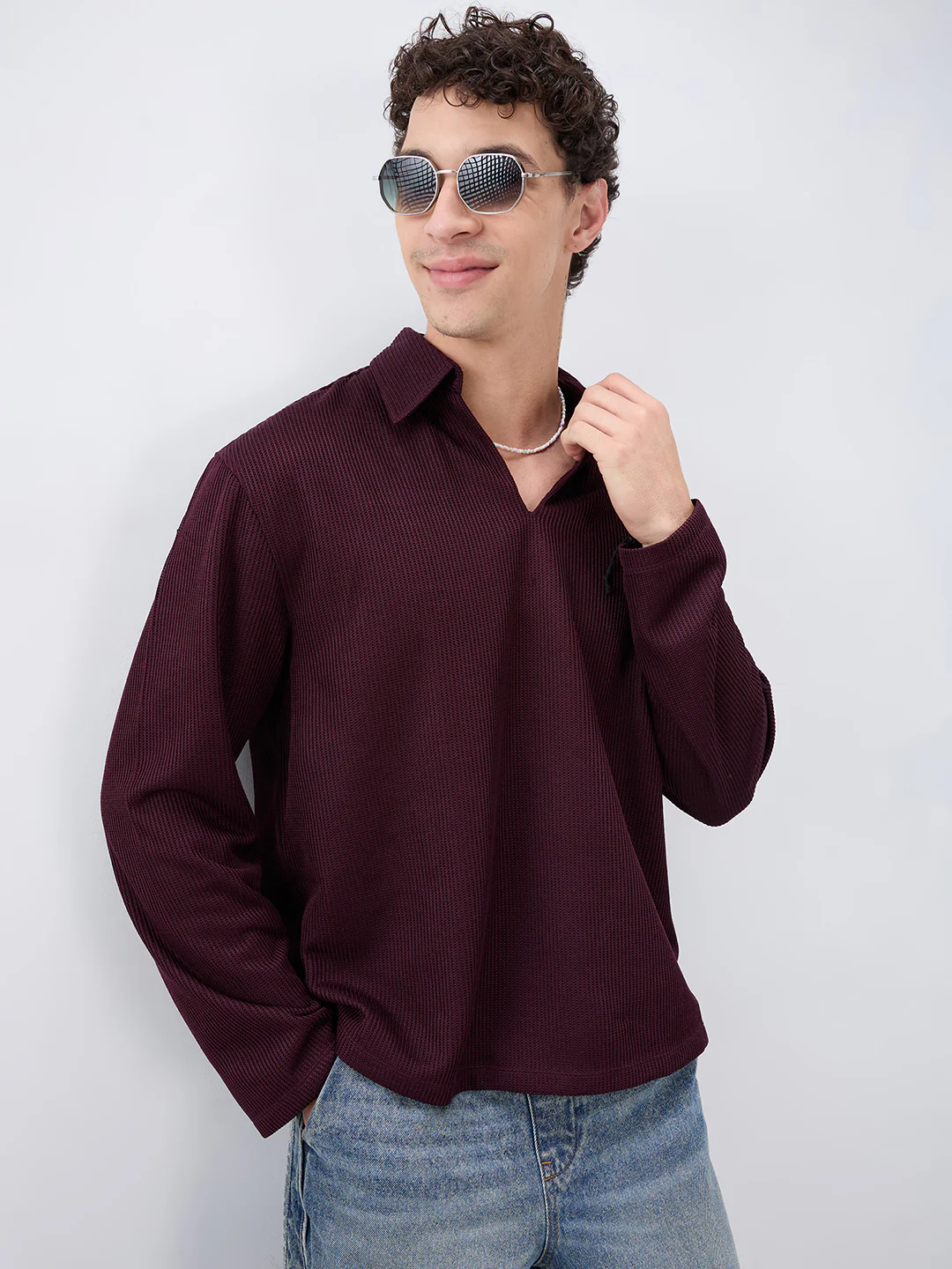 Refined Wine Textured Knitted Oversized Polo Shirt - Image 6