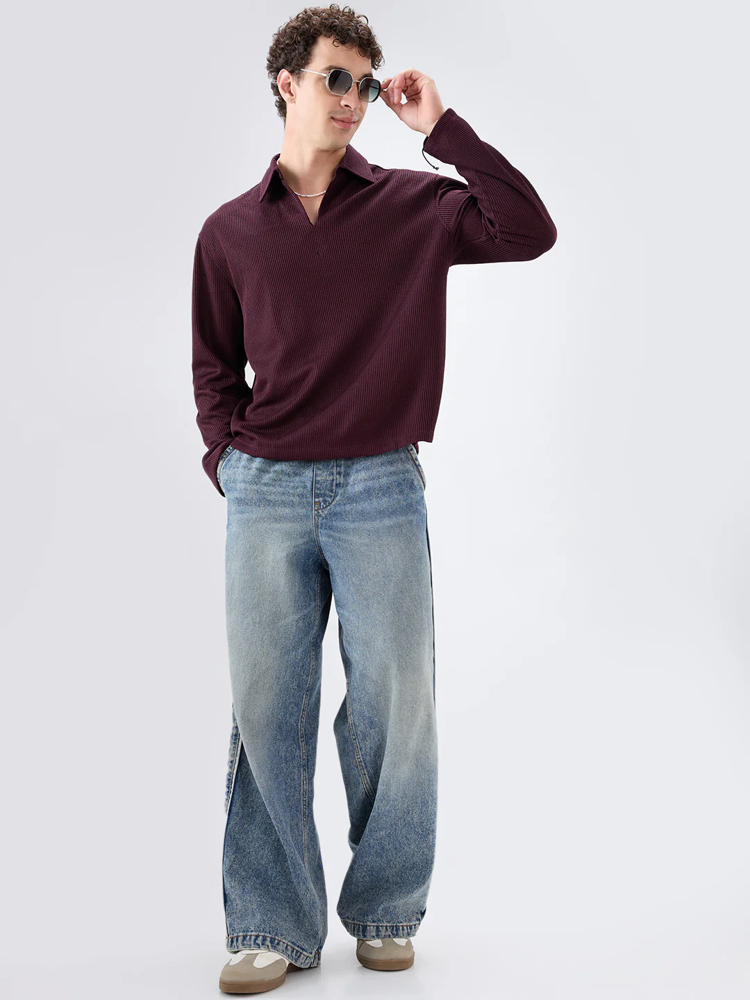 Refined Wine Textured Knitted Oversized Polo Shirt - Image 8