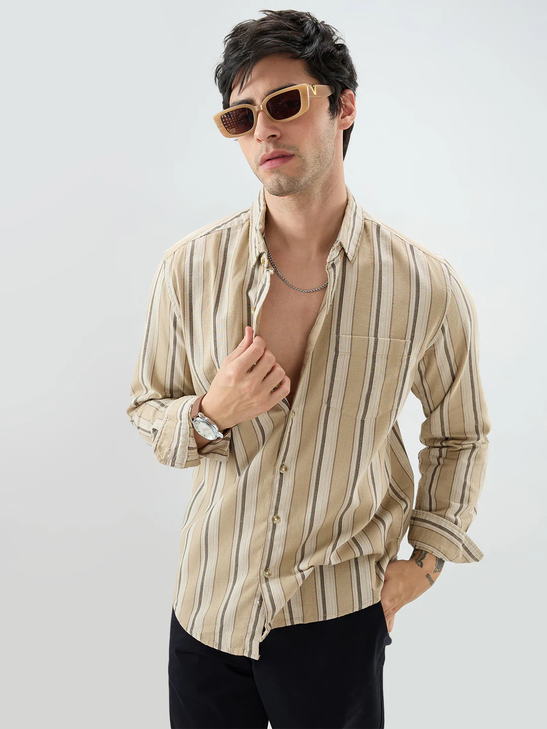 Retro Vibe Beige Stripes Shirt - Image 2